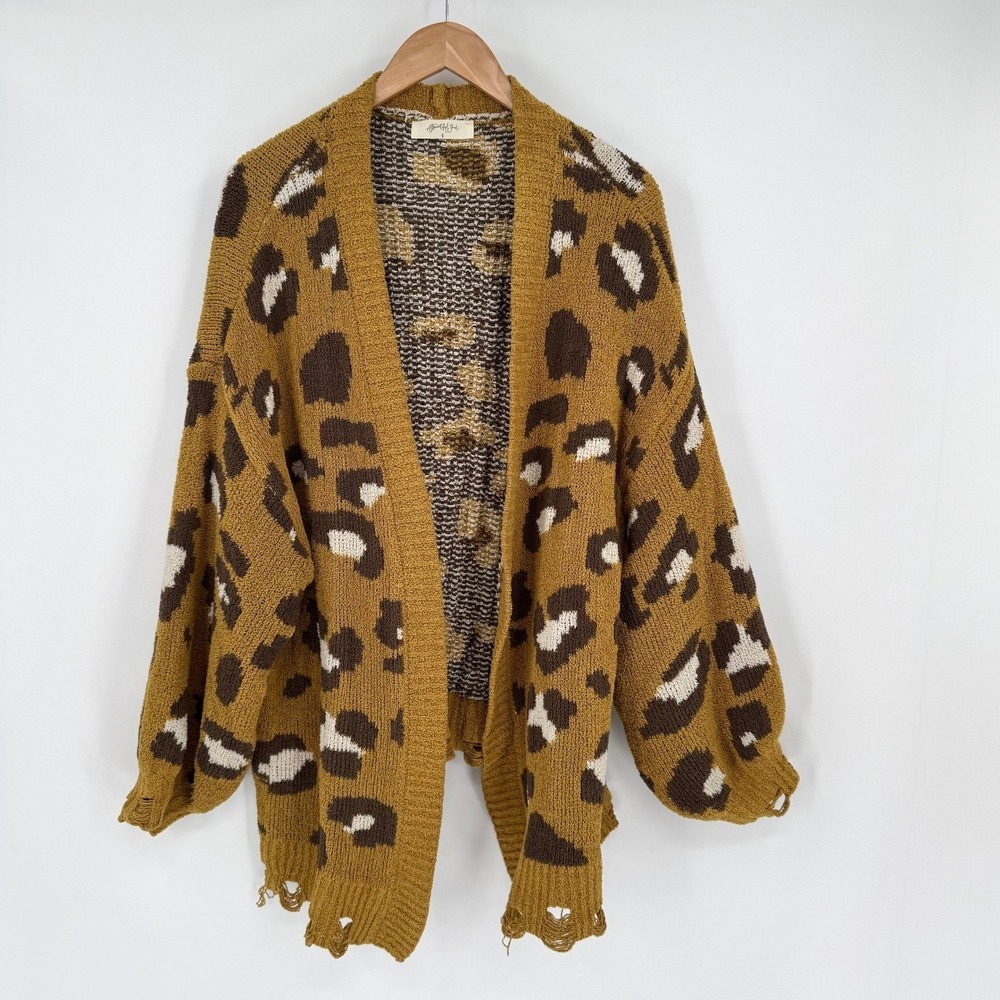 A Beautiful Soul Yellow/Brown Leopard Print Chunky Distressed Sweater Cardigan